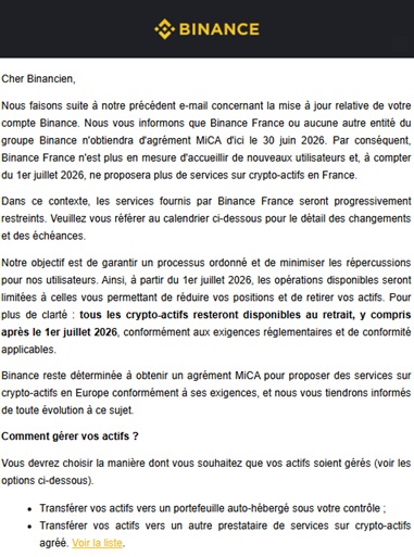 Capture d'écran du mail envoyé par Binance aux utilisateurs français pour informer qu'ils n'auront pas l'agrément MiCA pour le 30 juin 2026