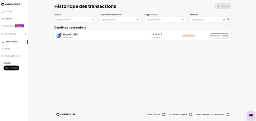 Ecran Coinhouse pour débloquer le dépôt venant de Binance