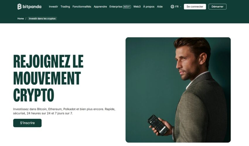 Page d'accueil crypto de la plateforme Bitpanda, une alternative à Binance, conforme à MiCA