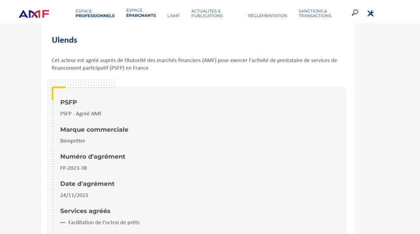Capture d'écran du site de l'AMF montrant que Bienpreter dispose de l'agrément PSFP
