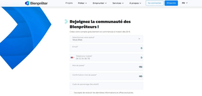 Page d'inscription à la plateforme de crowdfunding Bienprêter