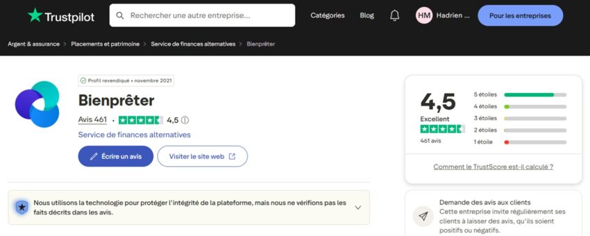Image résumant les avis Trustpilot sur Bienprêter en juillet 2026