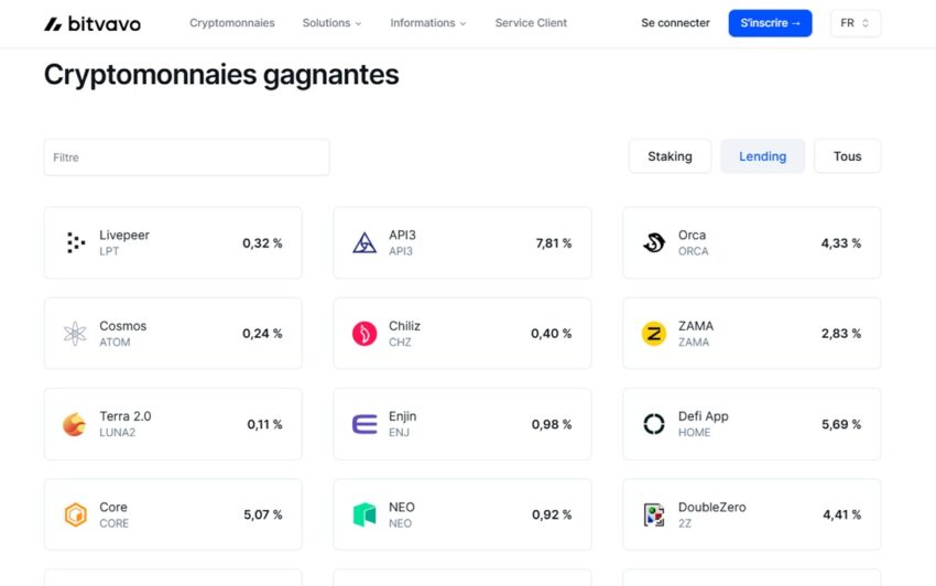 Extrait des cryptomonnaies disponibles au lending sur la plateforme Bitvavo