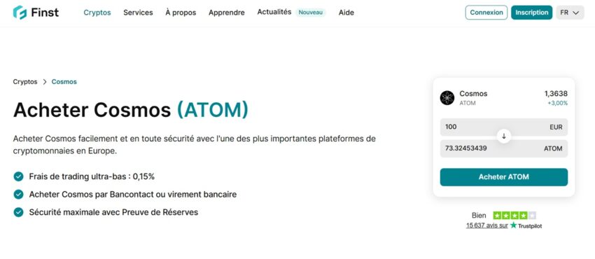 Image la page Finst permettant d'acheter de la crypto ATOM