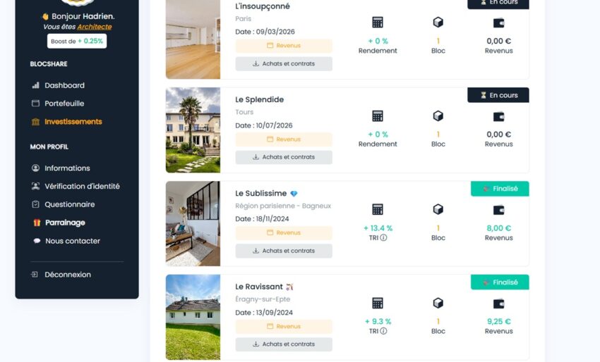Extrait de mes premiers investissements réalisés sur Blocshare
