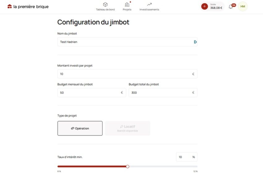Extrait de l'écran de paramétrage d'un jimbot, le robot d'investissement de La Première Brique