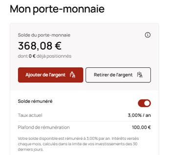 Capture d'écran de mon porte-monnaie La Première Brique, avec le solde rémunéré activé