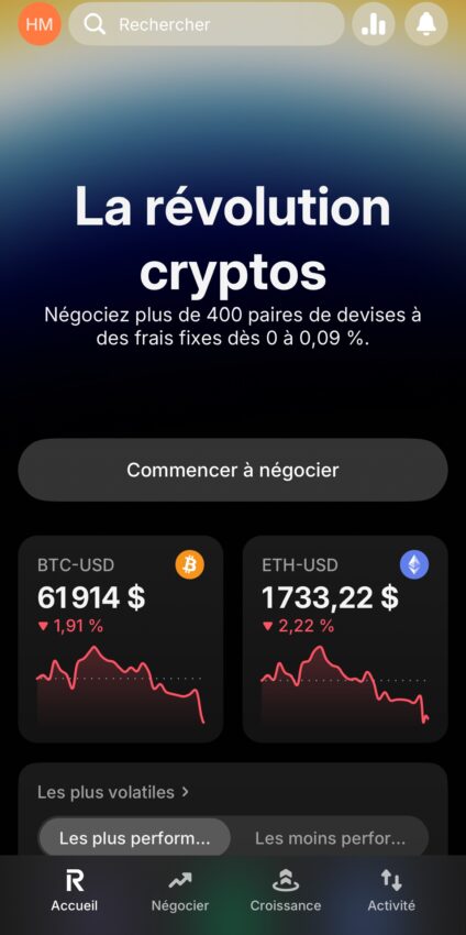 Ecran d'accueil de l'application Revolut X