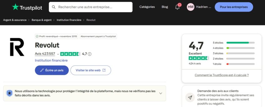 Avis Trustpilot sur Revolut en juillet 2026