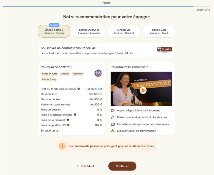 Exemple de la page suggestion de souscription d'une assurance-vie Linxea Spirit 2