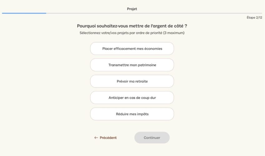 Exemple de la page projet de souscription d'une assurance-vie Linxea Spirit 2