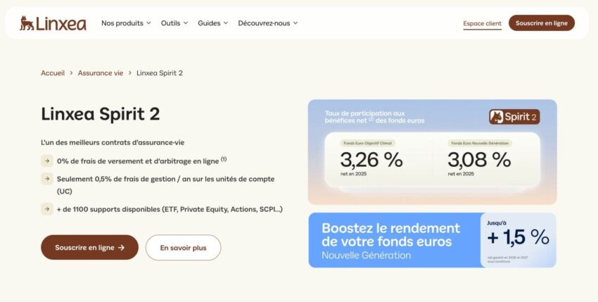 Exemple de la page de souscription d'une assurance-vie Linxea Spirit 2