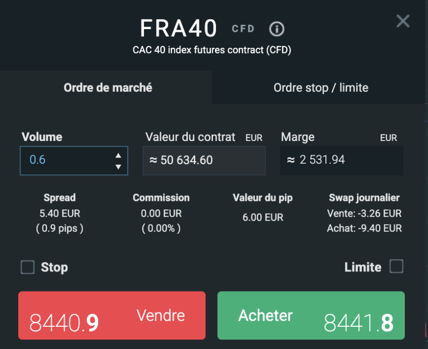 Exemple de passage d'ordre avec un CFD sur le CAC 40, chez le broker XTB
