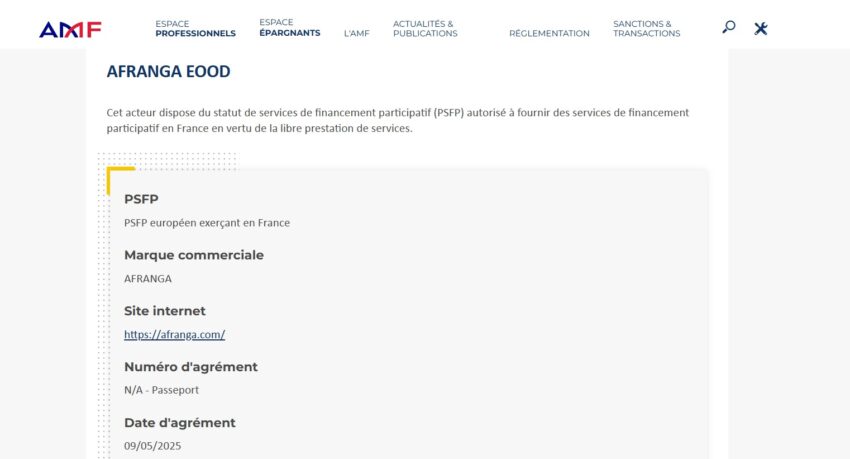 Page de l'AMF attestant du statut de Prestataire de Services de Financement Participatif (PSFP) d'Afrang