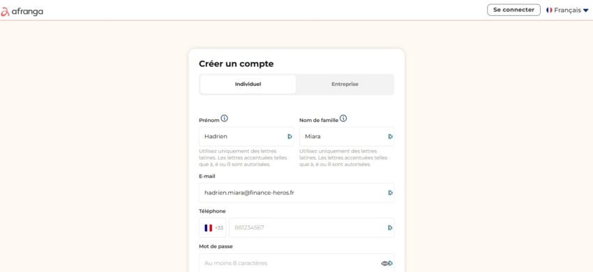 Page d'inscription à la plateforme de prêt participatif Afranga