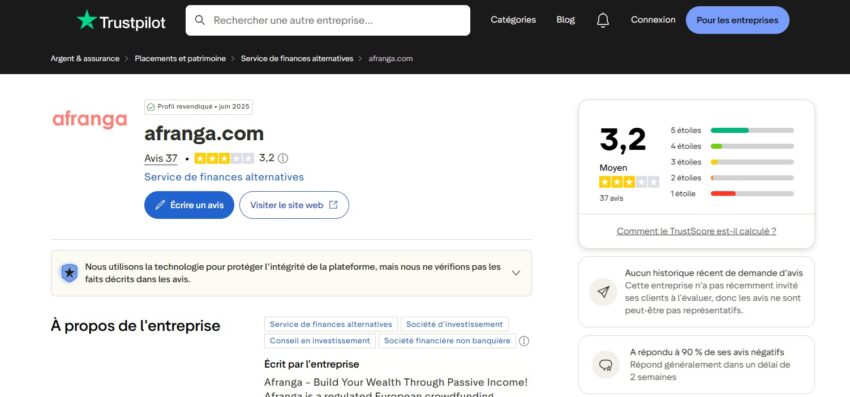 Copie d'écran Trustpilot des avis sur Afranga, qui ne sont qu'au nombre de 37 en septembre 2026
