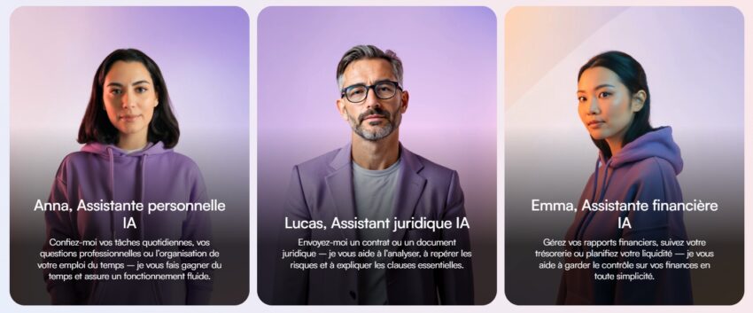 Visuel des 3 assistants IA proposés par le compte bancaire professionnel Vivid