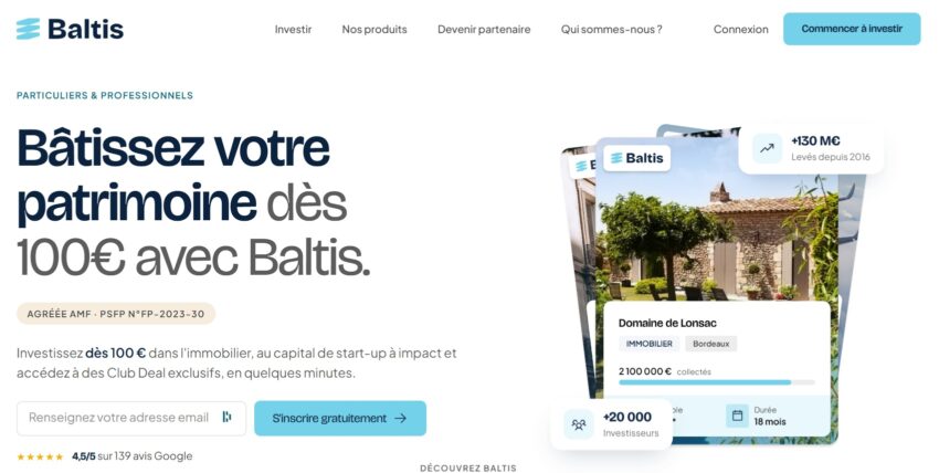 Page d'accueil de la plateforme de crowdfunding immo Baltis