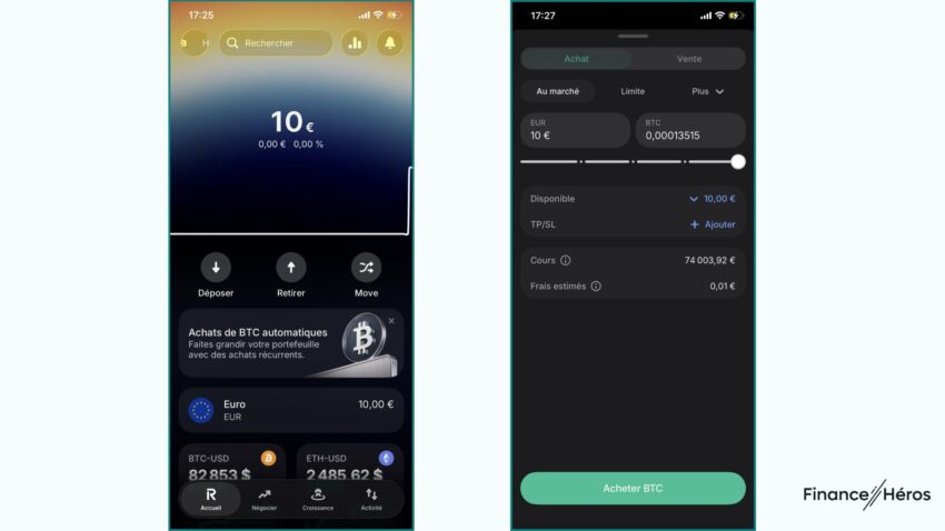 Captures d'écran de l'application crypto Revolut X