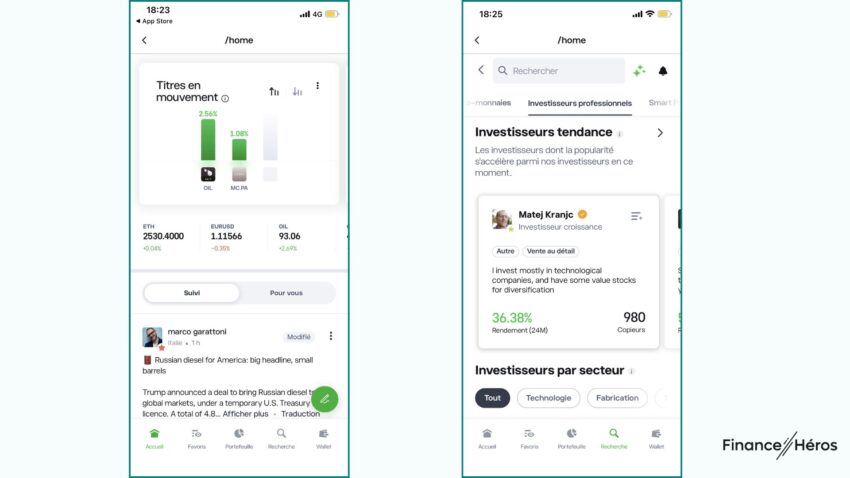 Captures d'écran de l'application crypto eToro