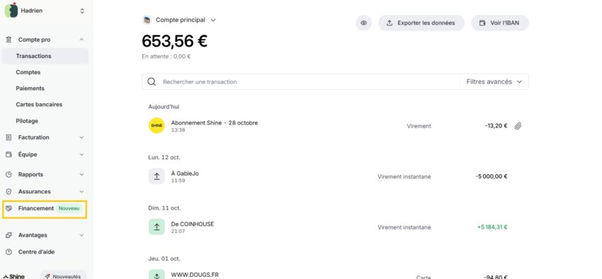 Capture d'écran de mon espace client Shine, montrant que l'espace financement se trouve en bas du menu grâce à un encadré en orange
