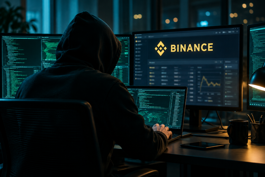 Illustration fictive d'un hacker en train de réaliser une cyberattaque sur la plateforme crypto Binance