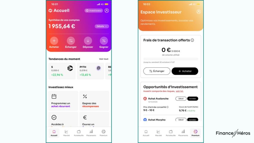 Captures d'écran de l'application crypto Coinhouse