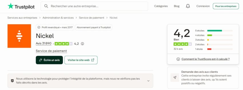 Visuel du compte Trustpilot de Nickel