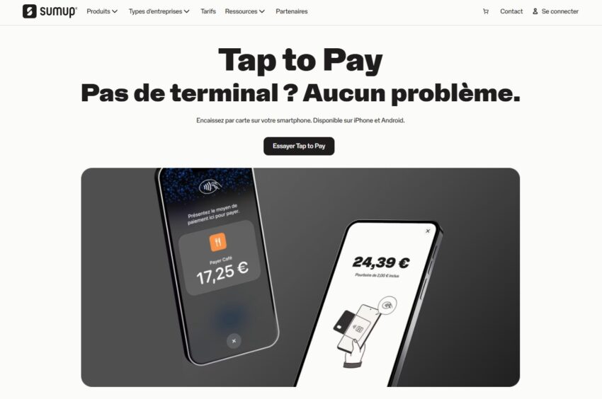 Visuel de la solution Tap to Pay proposée par SumUp, qui permet d'utiliser son smartphone comme Terminal de Paiement Electronique (TPE)