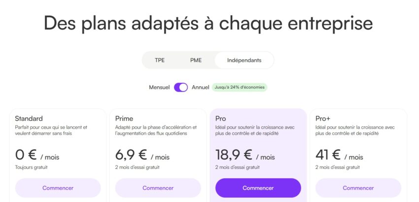 Les 4 abonnements disponibles chez Vivid pour les comptes professionnels pour indépendants