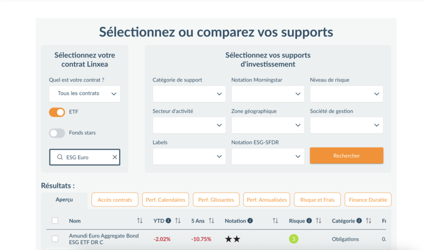 Exemple : Linxea vous permet de trouver facilement les ETF disponibles ayant des obligations comme sous-jacent