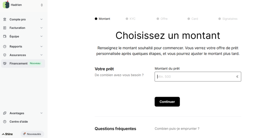 Première étape du parcours de crédit pro en ligne de Shine