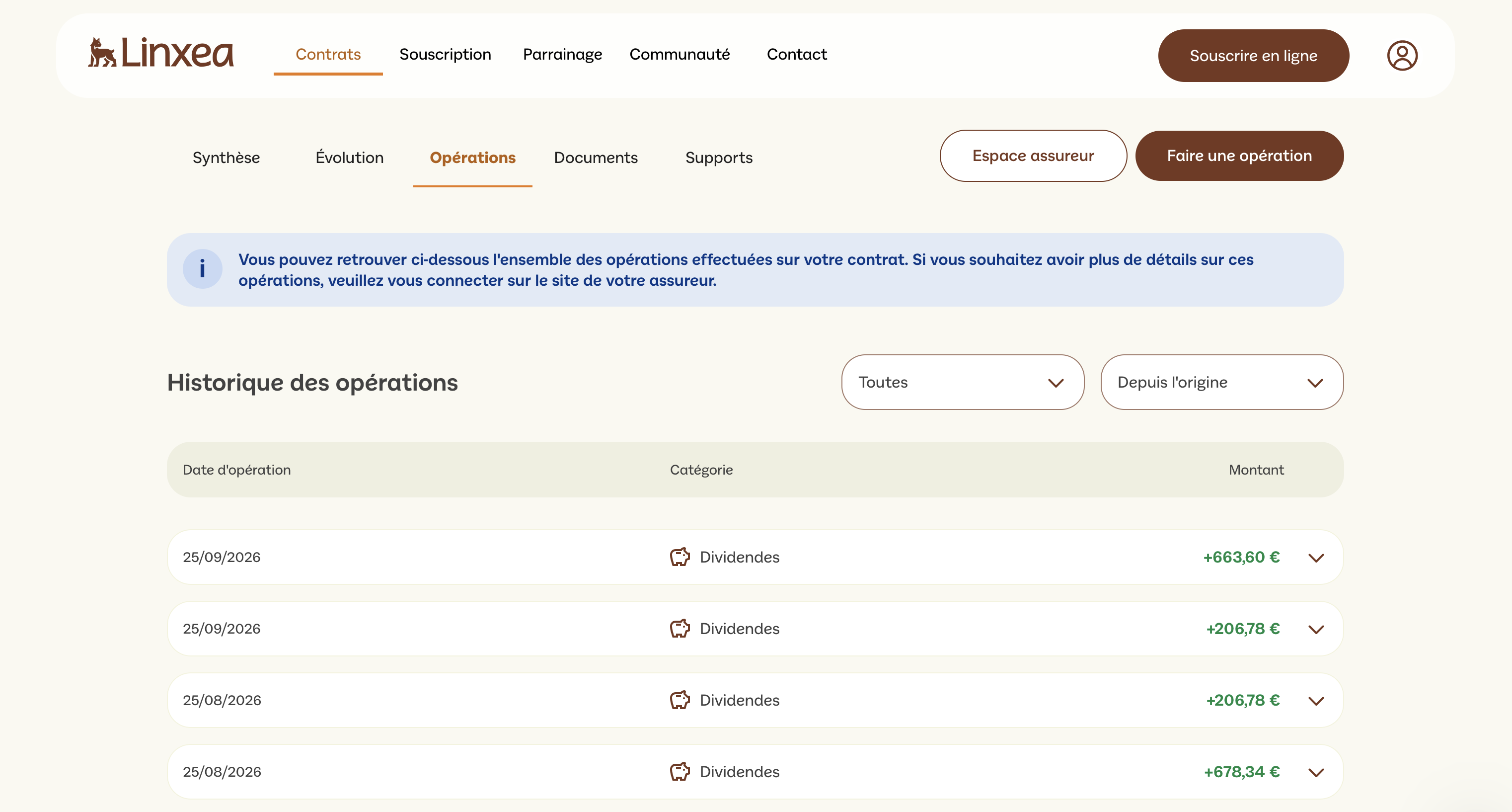 Espace client Linxea : journal d'activité
