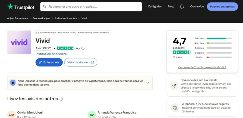 Les avis sur Vivid sur le site Trustpilot